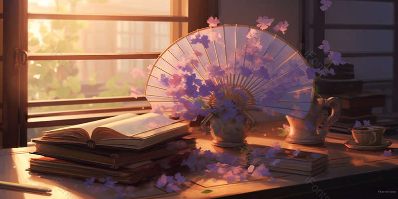 橙色唯美夕阳照射桌面扇子插画背景,插画/手绘图,插画/手绘图库,插画/手绘图下载,插画/手绘